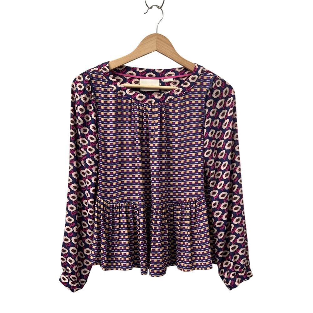 Maeve Anthropologie Purple Cheyenne Peplum Women’s Blouse Long Sleeve Size XSP